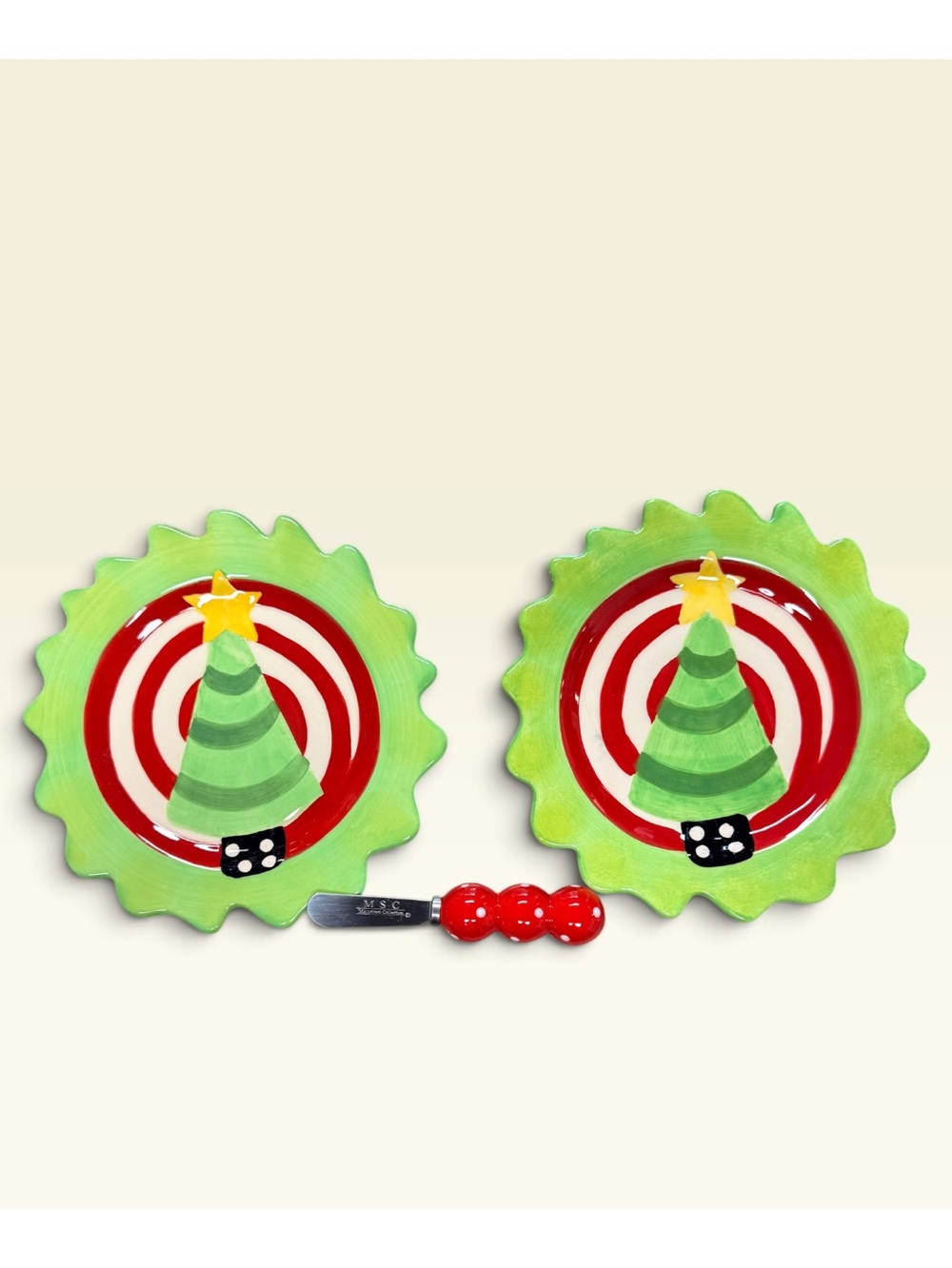 Becca Holiday Christmas Tree Appetizer Plates W/Spreader Festive 3pc. Set EUC